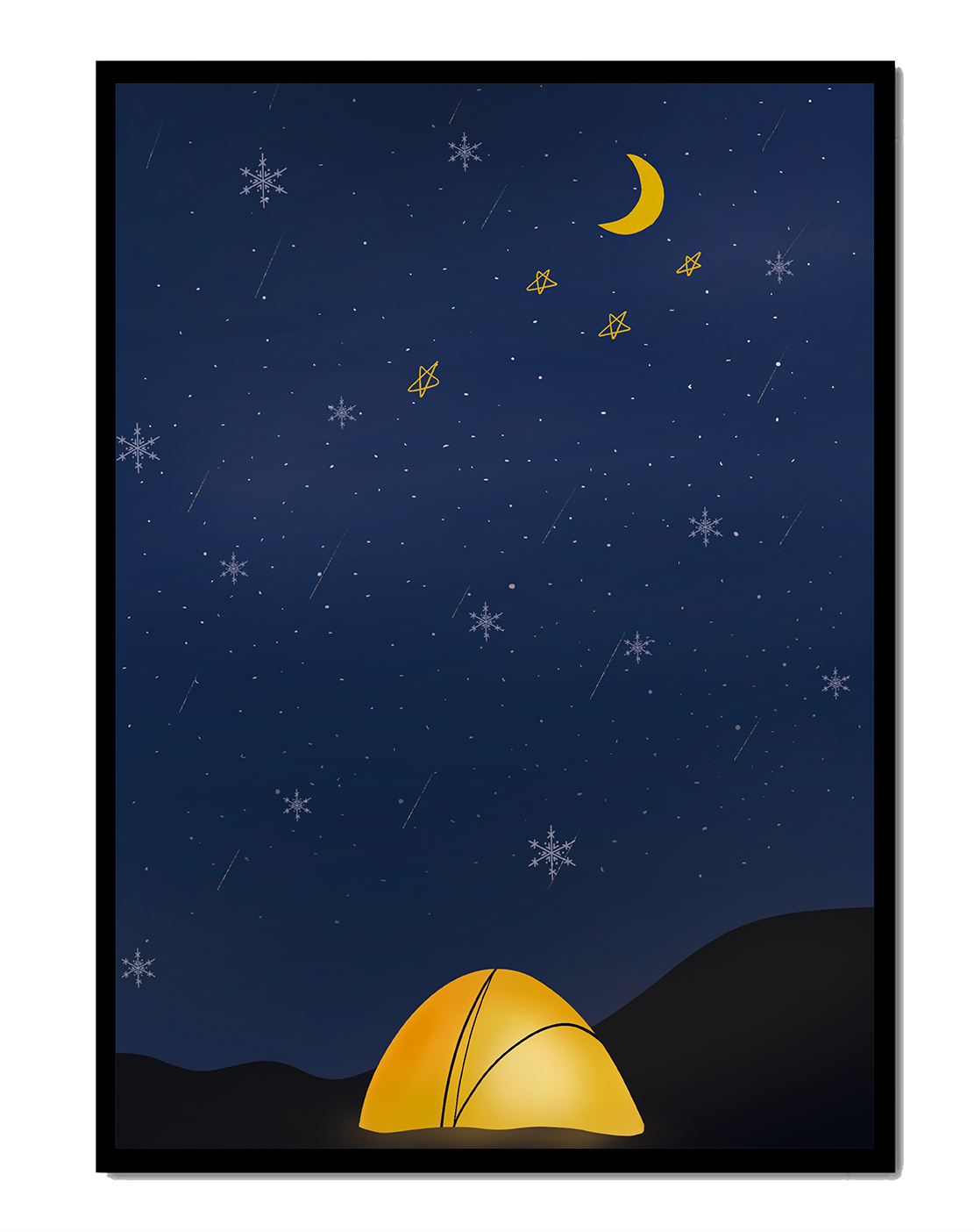 Camping Under Night Sky with Stars and Crescent Moon