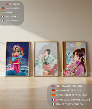 Moderne asiatische Kunst mit Frauen und Natur