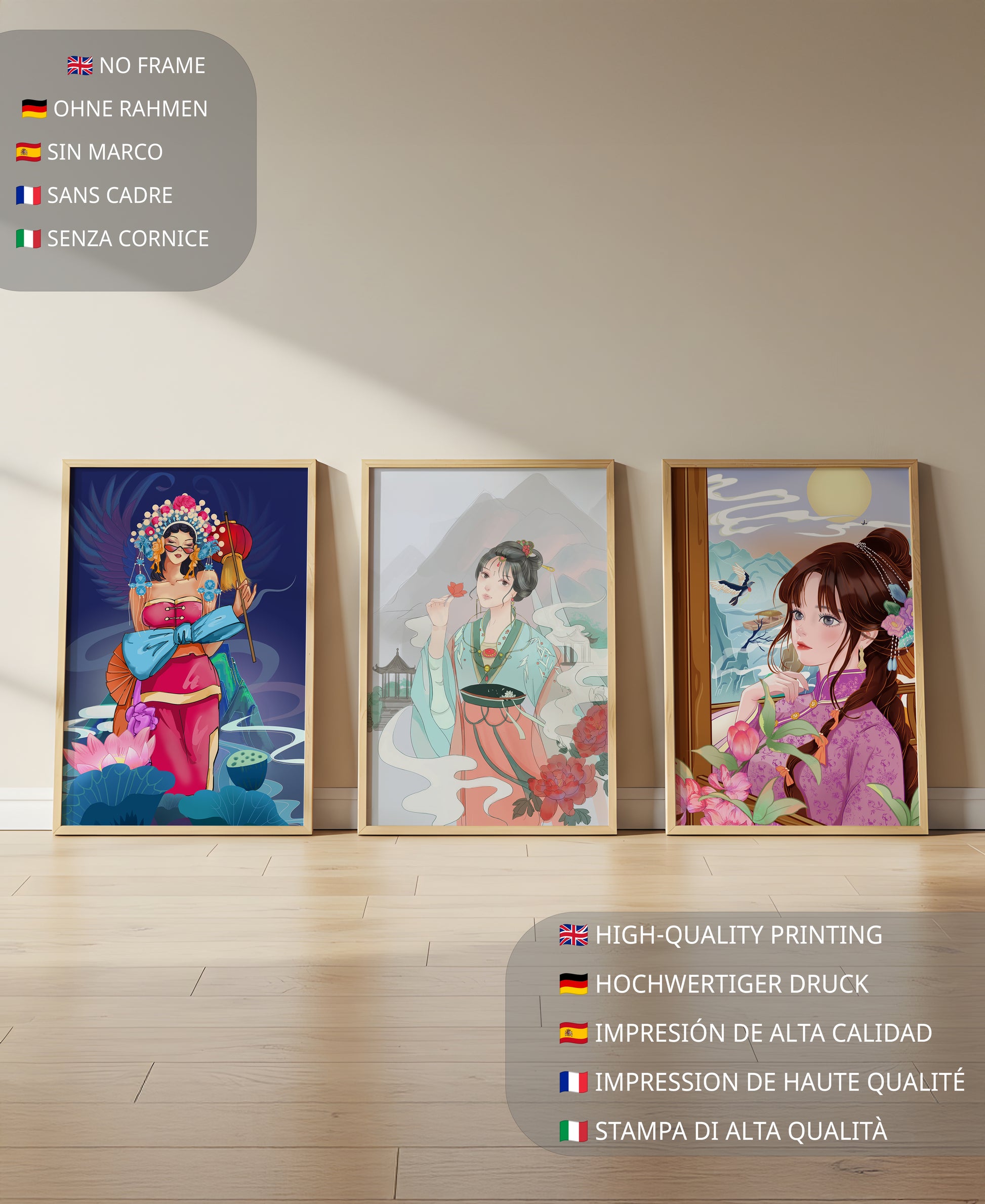 Moderne asiatische Kunst mit Frauen und Natur