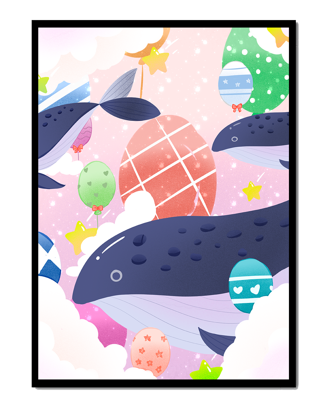 Whimsical illustration of whales and floating stars with colorful eggs