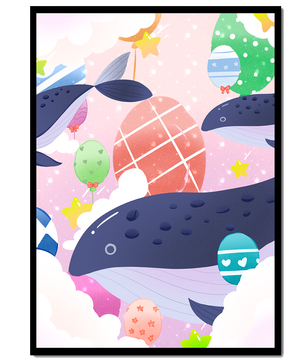 Whimsical illustration of whales and floating stars with colorful eggs