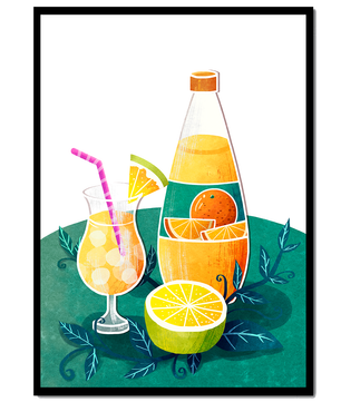 Ilustración colorida de bebidas cítricas con botella y vaso