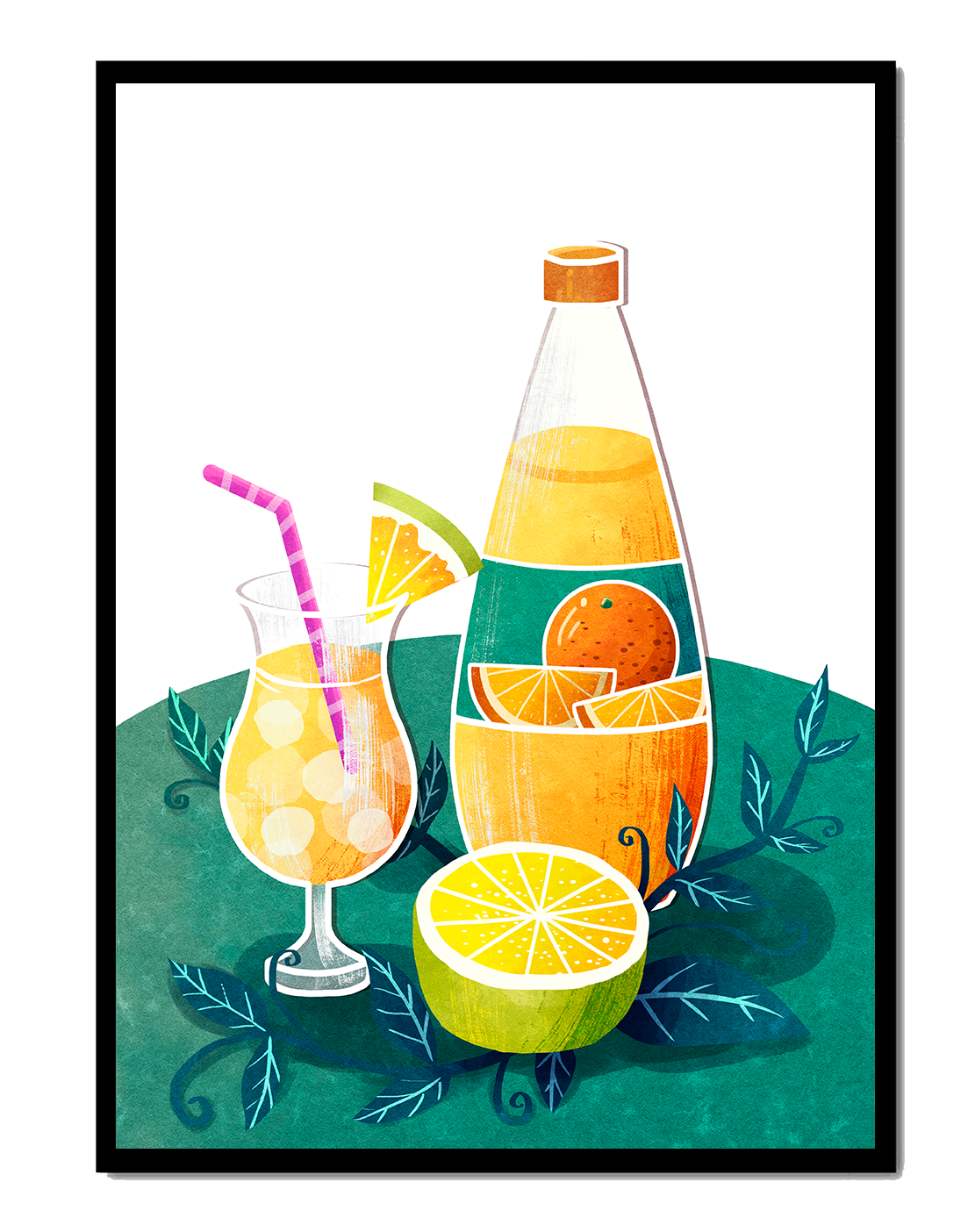 Colorful illustration of citrus drinks with bottle and glass