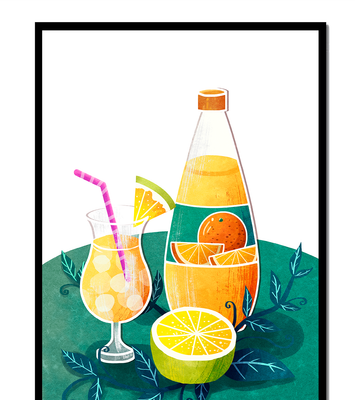 Colorful illustration of citrus drinks with bottle and glass