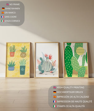 Conjunto de Ilustraciones de Cactus en Marcos de Madera en Pared Clara