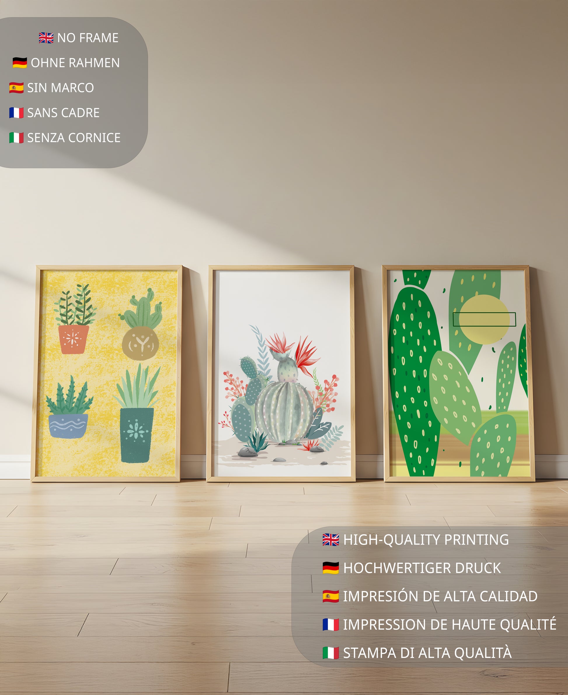 Conjunto de Ilustraciones de Cactus en Marcos de Madera en Pared Clara