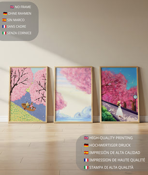 Ensemble de trois œuvres d'art avec des cerisiers