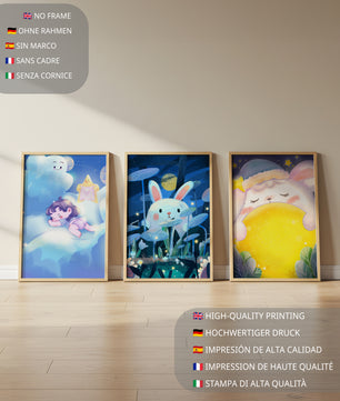 Illustrations de lapin et d'enfant dans un environnement nocturne