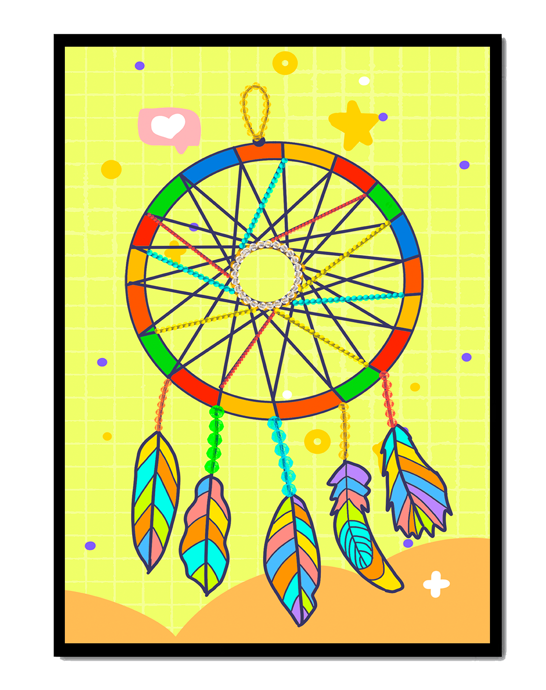 Colorful dreamcatcher on a vibrant yellow background