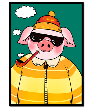 Cerdo elegante con gafas de sol y pipa contra un cielo turquesa