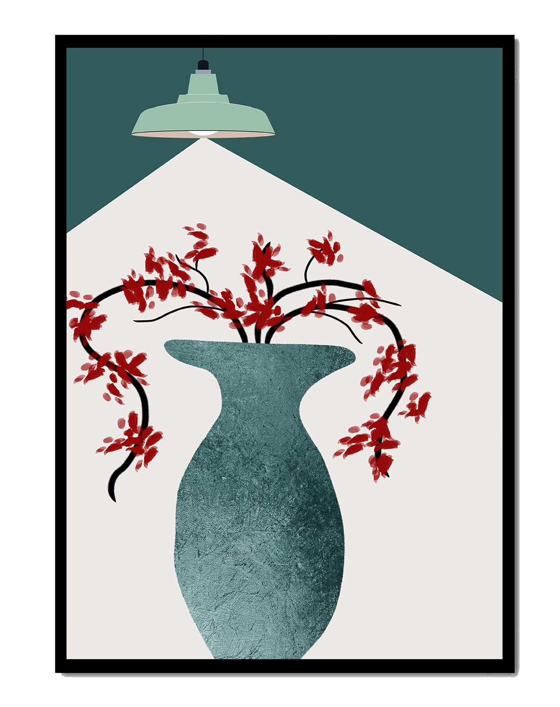 Modern Minimalist Vase with Red Flowers Under Green Lamp