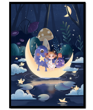 Escena nocturna onírica con un niño y monstruos amigables sobre una luna creciente