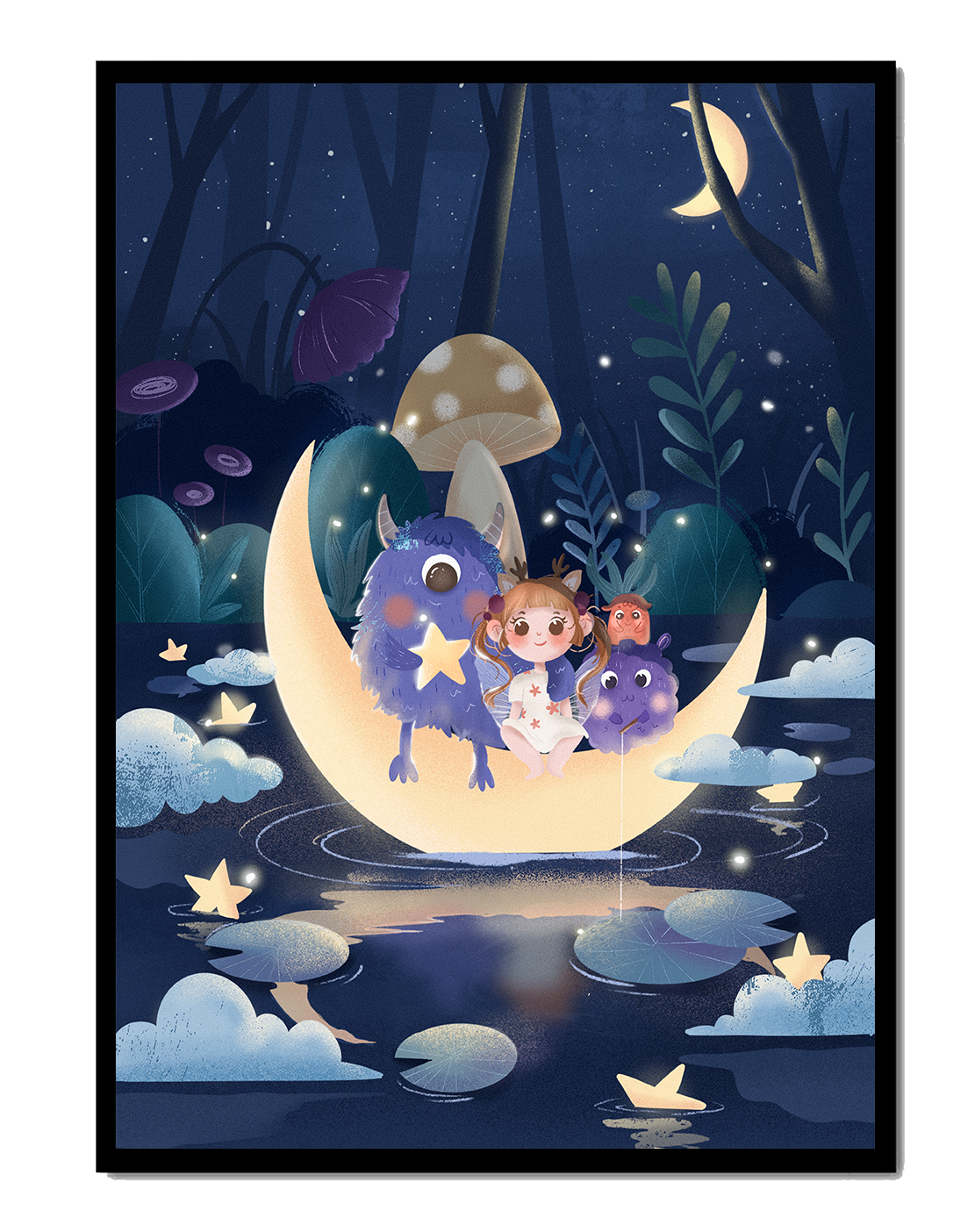 Dreamy night scene with a child and friendly monsters on a crescent moon
