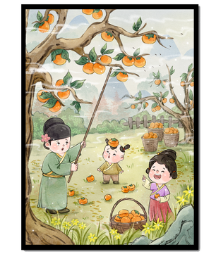 Illustration of children harvesting persimmons in a traditional setting