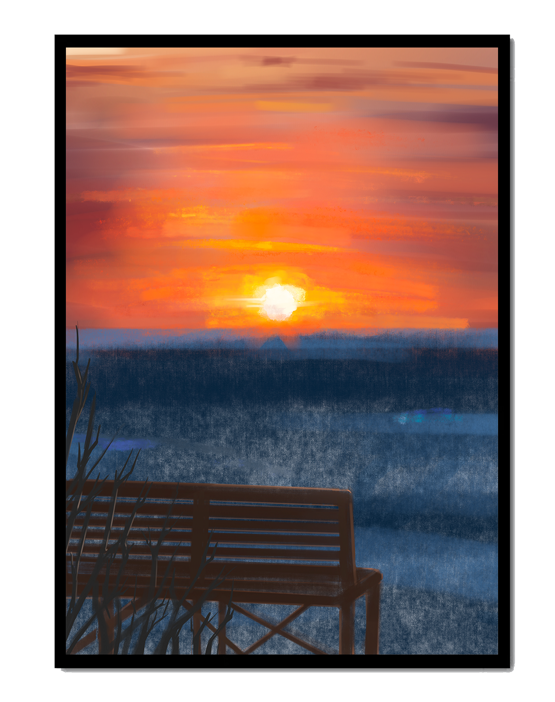 Serene Sunset Overlooking the Ocean with a Wooden Bench