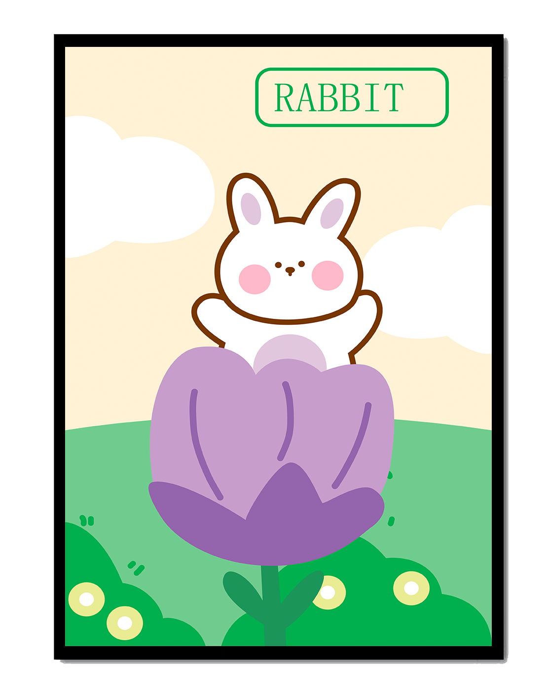 Whimsical illustration of a cute rabbit in a flower with pastel colors