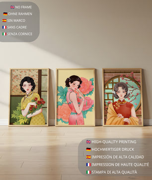 Ensemble de trois illustrations de femmes au style asiatique classique