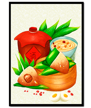 Illustrated traditional Chinese food with zongzi and rice wine
