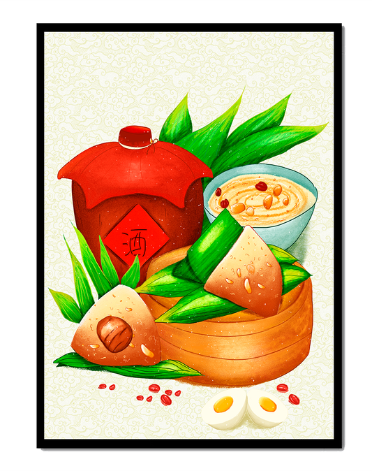 Illustrated traditional Chinese food with zongzi and rice wine
