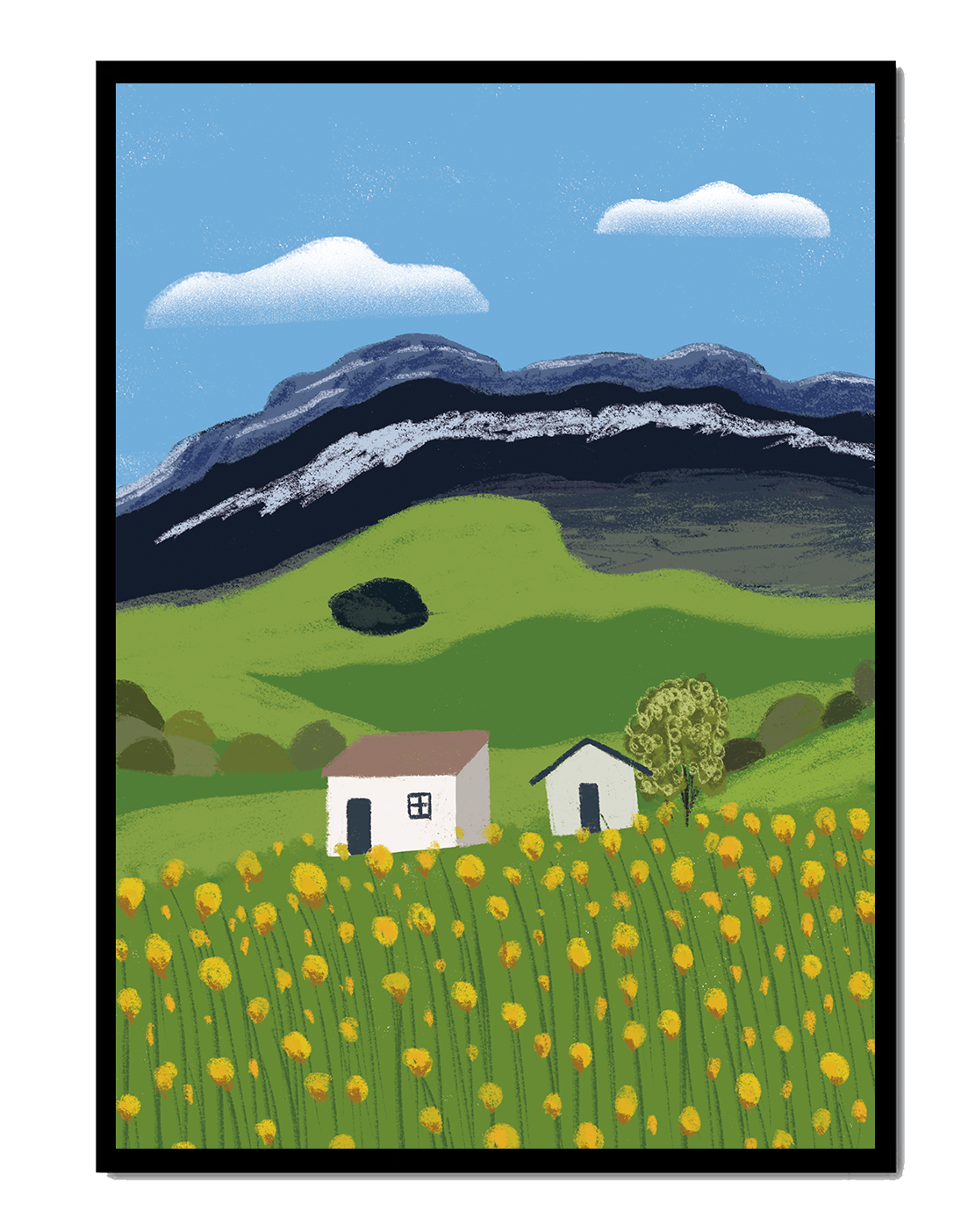 Peaceful Rural Landscape with Houses and Yellow Flowers under Blue Sky
