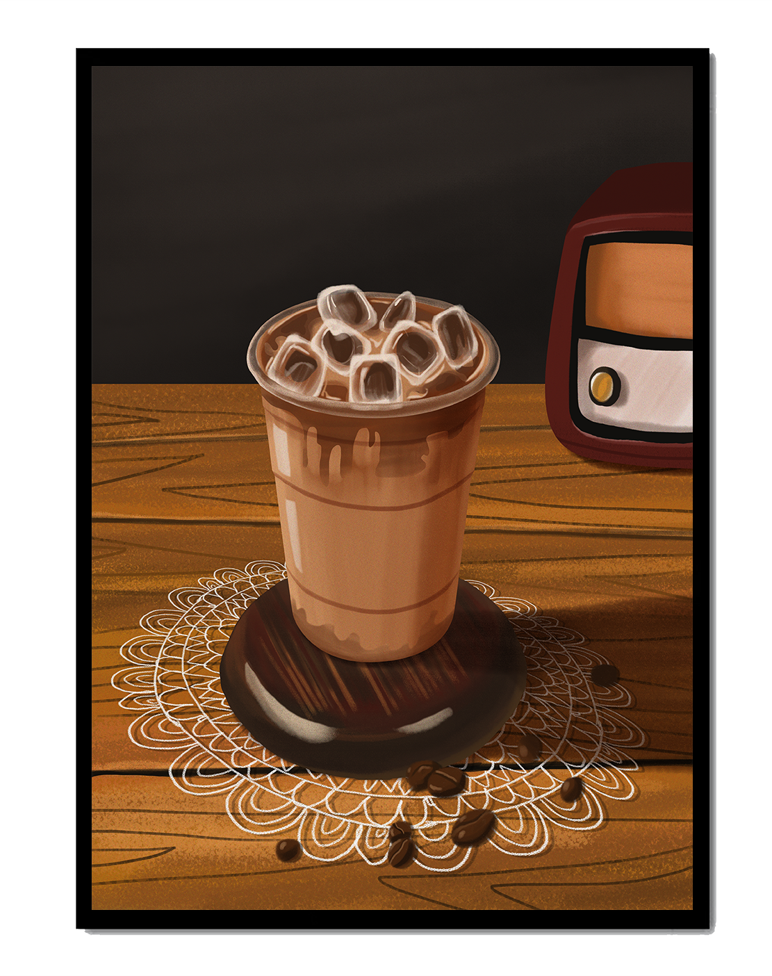 Escena de café vintage con café helado y radio retro