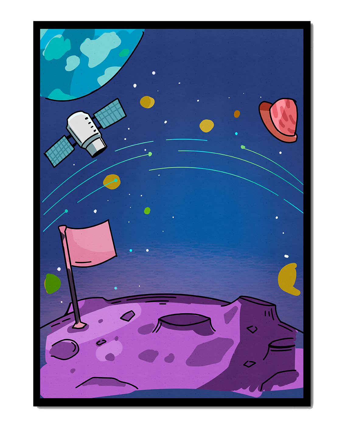 Illustration of outer space scene with planets and satellite