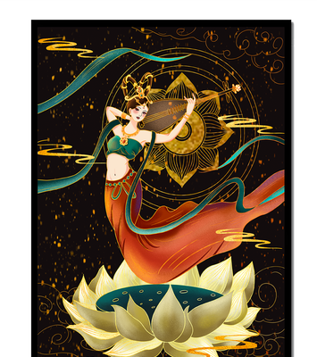 Elegant depiction of a divine musician with golden accents on a lotus