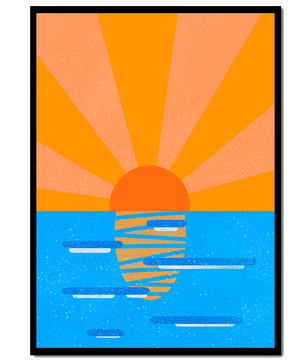 A vibrant sunrise illustration over the ocean with colorful rays