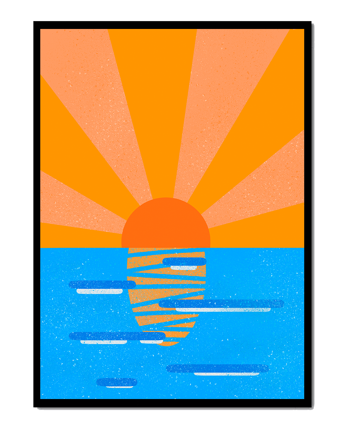 A vibrant sunrise illustration over the ocean with colorful rays