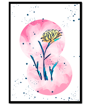 Abstract Floral Design with Pink Circles and Yellow Flower on White Background