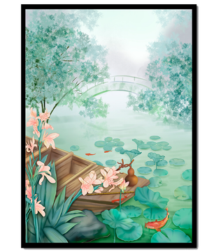 Serene Pond with Wooden Boat and Bridge Under Misty Sky - Mi tienda