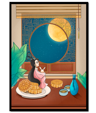 Tranquila escena nocturna con pasteles de luna y una figura mítica