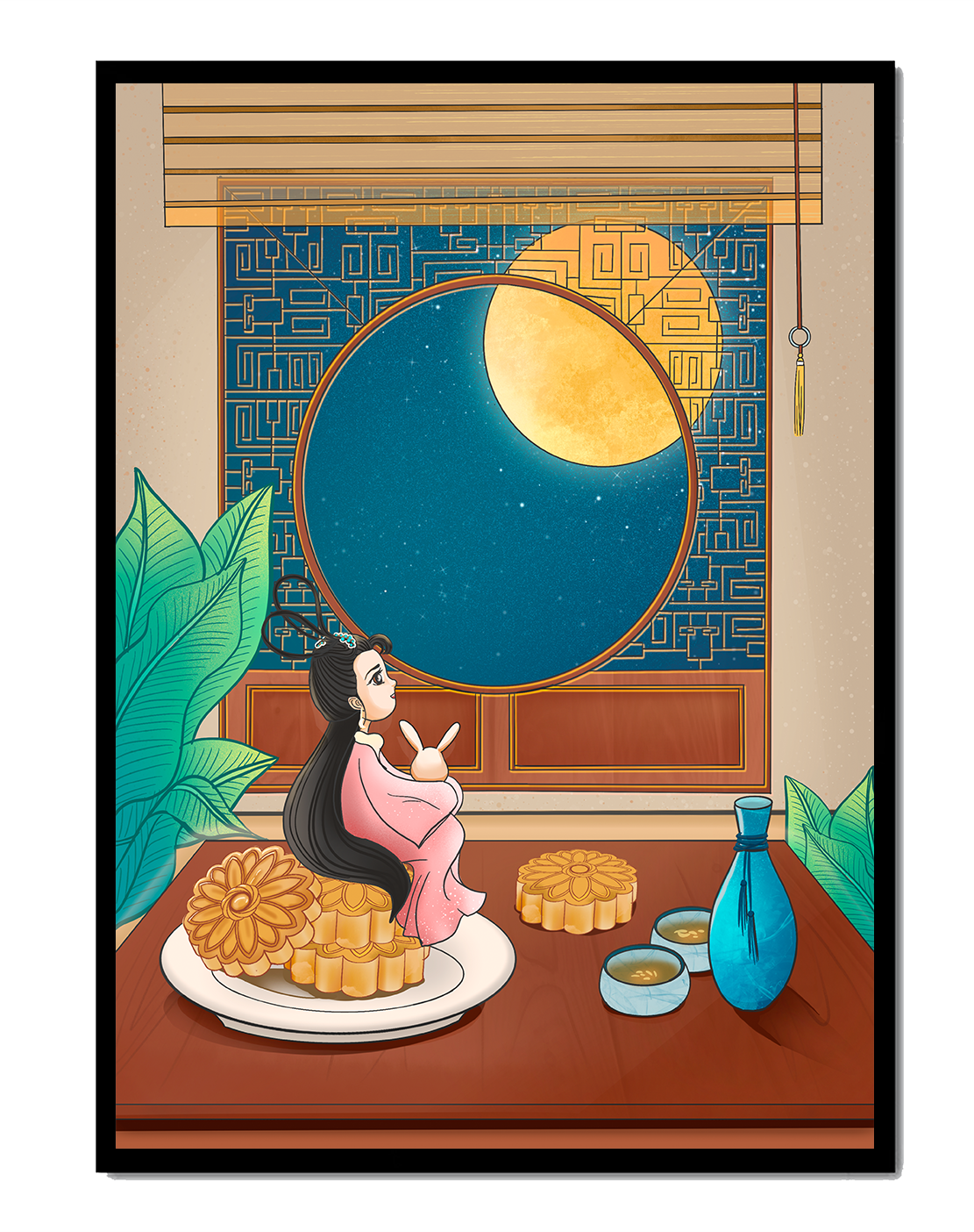 Tranquila escena nocturna con pasteles de luna y una figura mítica