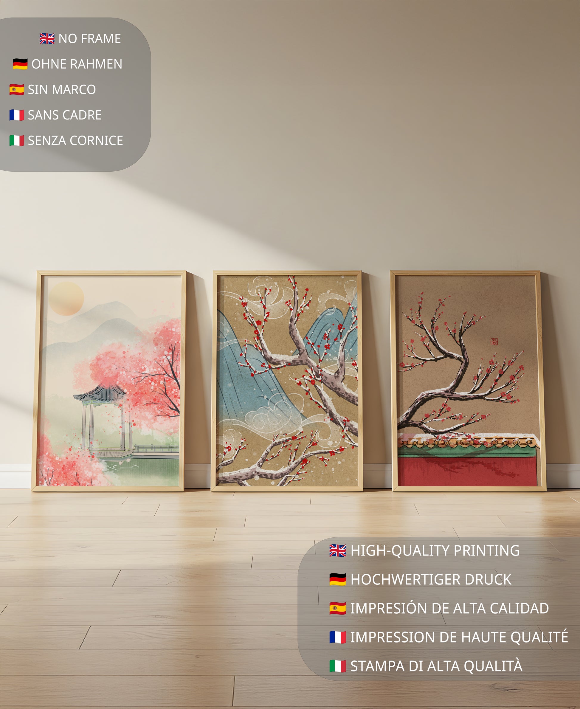 Ensemble de toiles orientales avec fleurs de cerisier