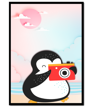 Whimsical penguin illustration with a camera on a pastel beach