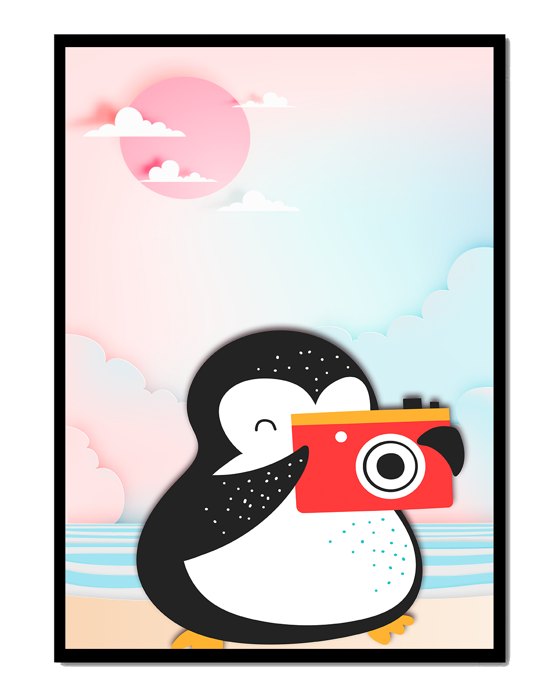 Whimsical penguin illustration with a camera on a pastel beach