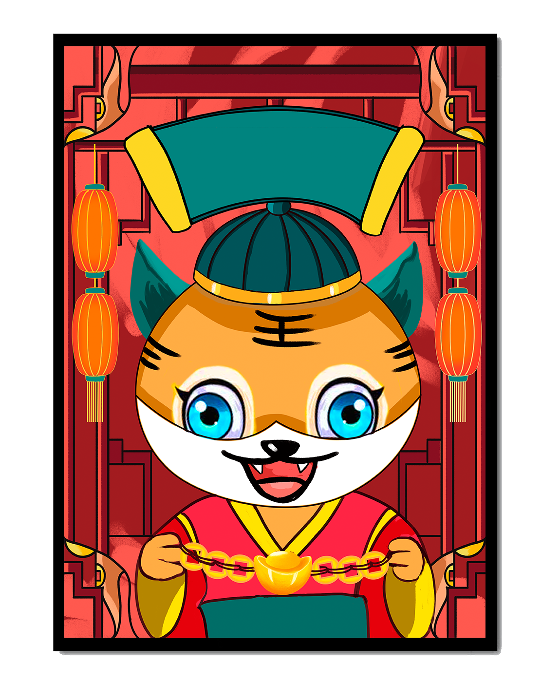Colorful cartoon tiger with lanterns and traditional elements