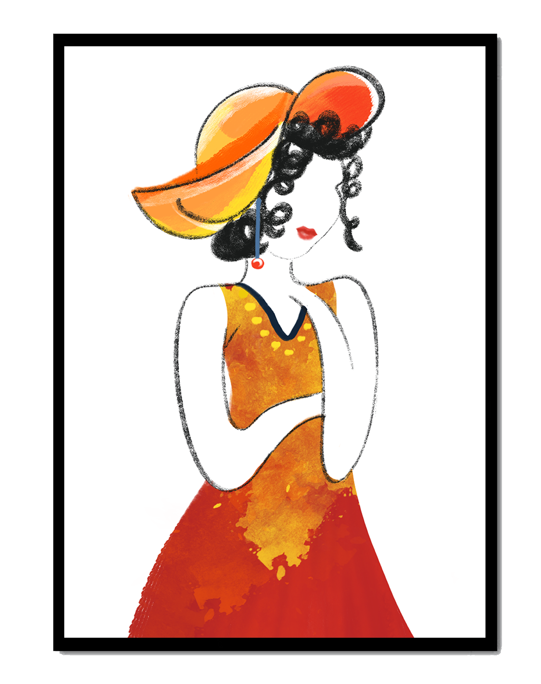 Elegant woman in a vibrant hat and dress illustration