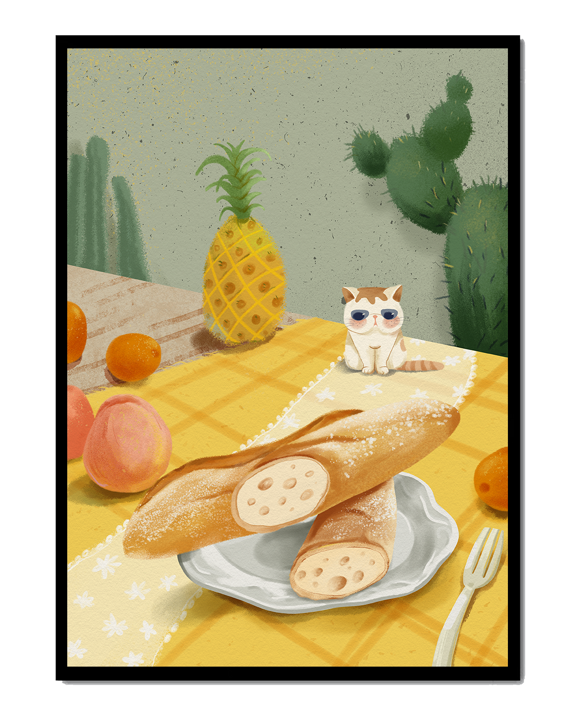 Gato con gafas de sol en un entorno tropical con baguettes y frutas