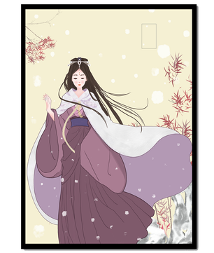 Elegant Woman in Traditional Garment with Snowflakes and Branches