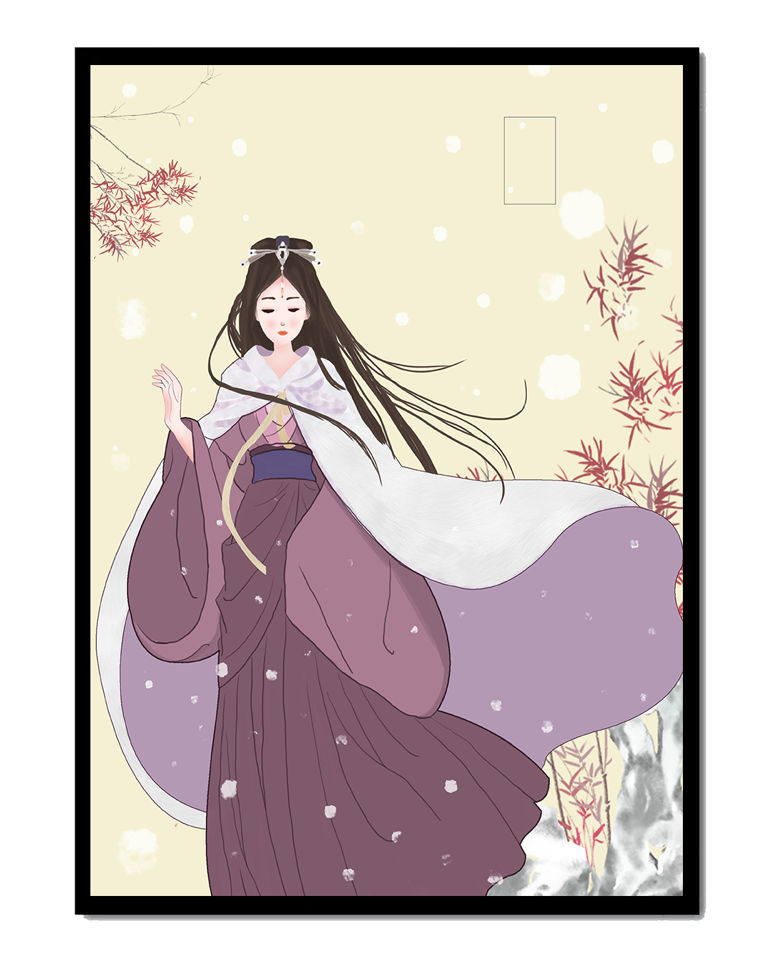 Elegant Woman in Traditional Garment with Snowflakes and Branches