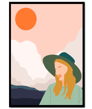 Abstrakte Illustration einer Frau mit Hut vor einer Kulisse aus Sonne und Bergen
