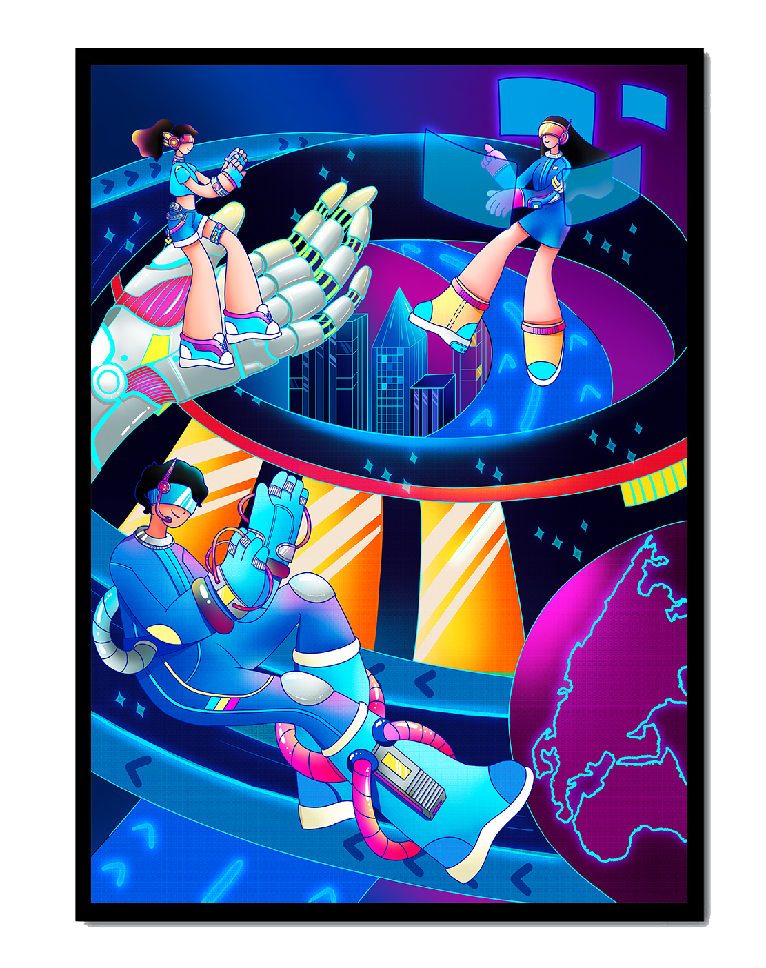 Réalité virtuelle futuriste avec des œuvres d'art néon vibrantes