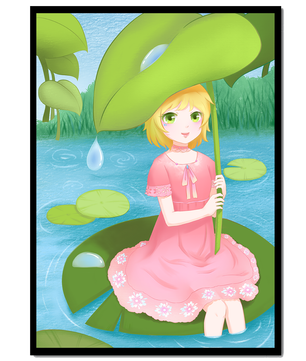 Whimsical Illustration of a Young Girl in a Pink Dress Sitting on a Lily Pad