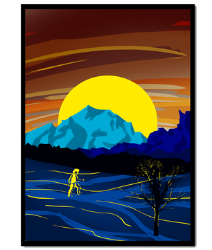 Paisaje surrealista con una puesta de sol vibrante y silueta