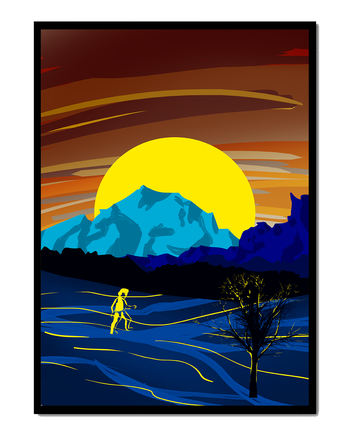 Surreal landscape with a vibrant sunset and silhouette