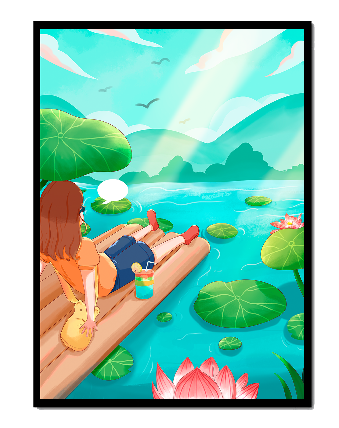 Peaceful lake scene with raft and relaxing atmosphere