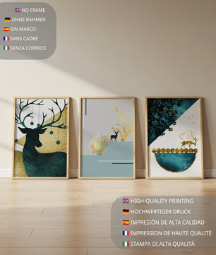 Ensemble de trois tableaux modernes avec motif de cerfs et finition dorée