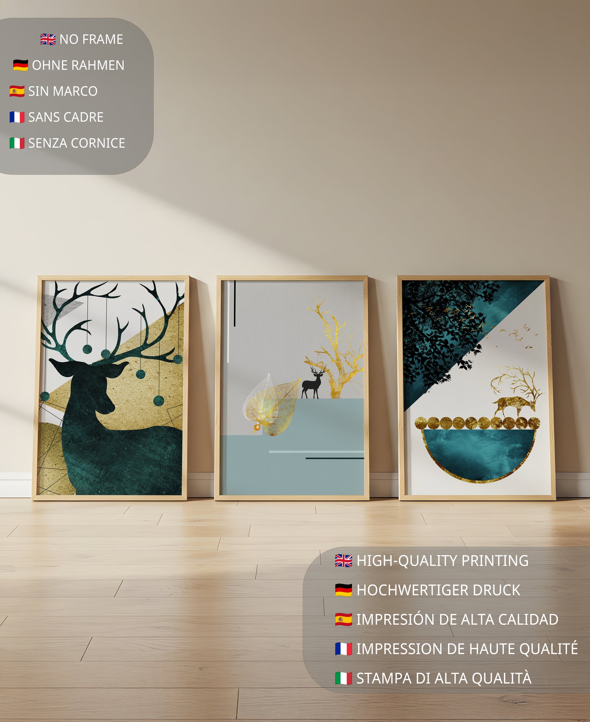 Conjunto De Tres Cuadros Modernos Con Motivo De Ciervos Y Acabado Dorado