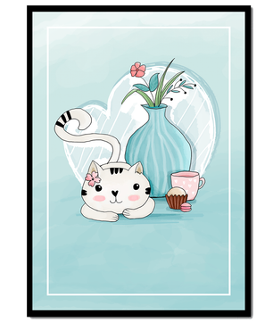 Cute Cat with Flowers, Cup, and Vase on Blue Background - Mi tienda
